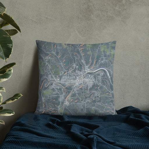 Custom Punxsutawney Pennsylvania Map Throw Pillow in Afternoon on Bedding Against Wall