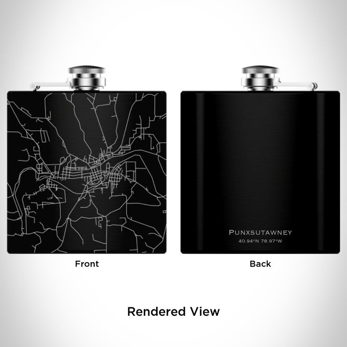 Rendered View of Punxsutawney Pennsylvania Map Engraving on 6oz Stainless Steel Flask in Black