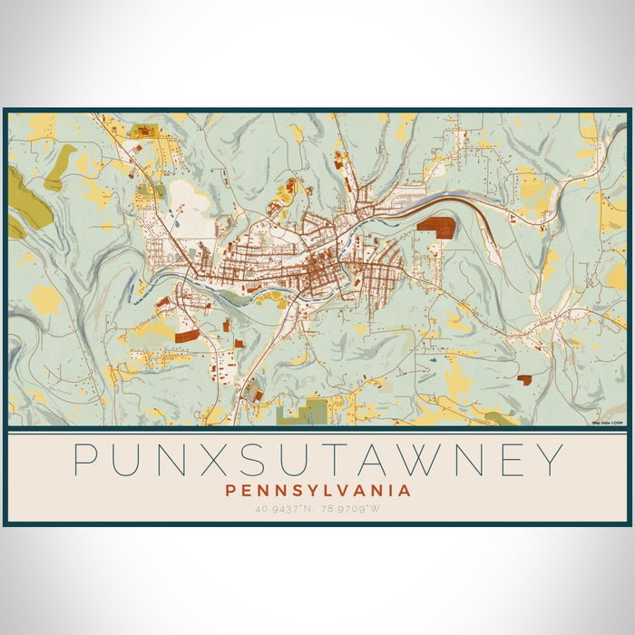Punxsutawney Pennsylvania Map Print Landscape Orientation in Woodblock Style With Shaded Background