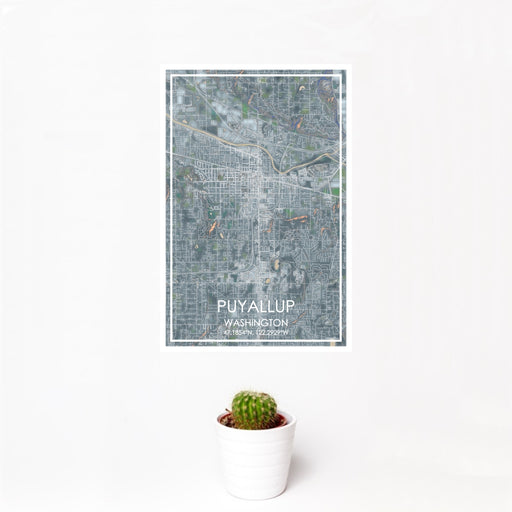 12x18 Puyallup Washington Map Print Portrait Orientation in Afternoon Style With Small Cactus Plant in White Planter