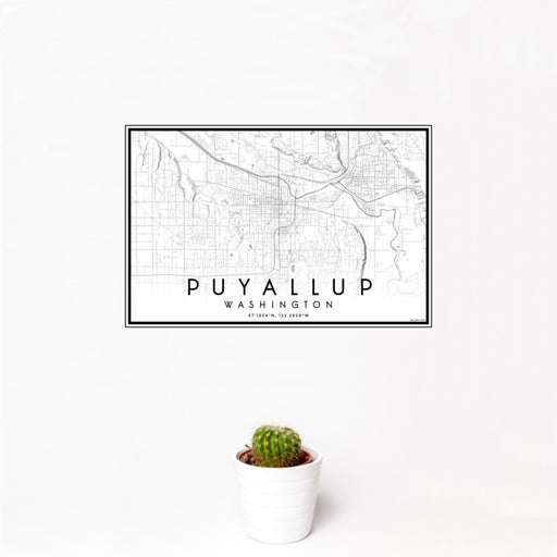 12x18 Puyallup Washington Map Print Landscape Orientation in Classic Style With Small Cactus Plant in White Planter
