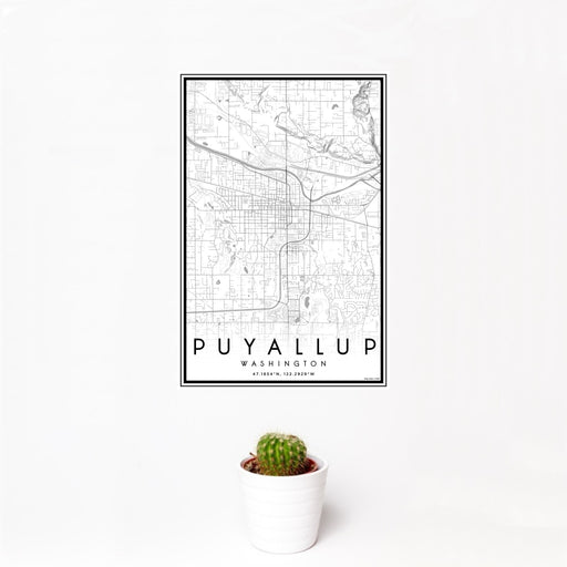 12x18 Puyallup Washington Map Print Portrait Orientation in Classic Style With Small Cactus Plant in White Planter