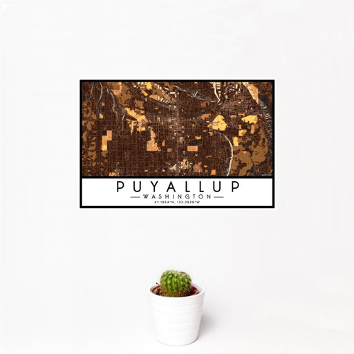 12x18 Puyallup Washington Map Print Landscape Orientation in Ember Style With Small Cactus Plant in White Planter