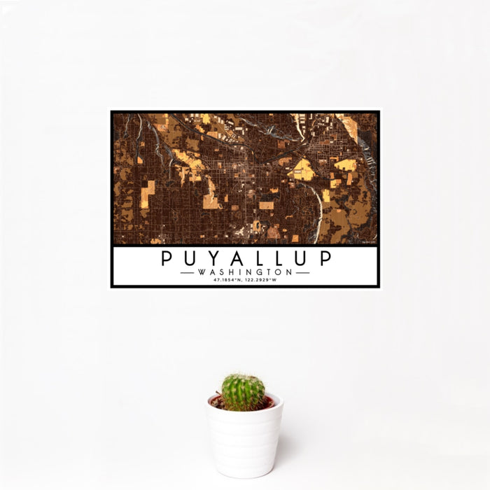 12x18 Puyallup Washington Map Print Landscape Orientation in Ember Style With Small Cactus Plant in White Planter