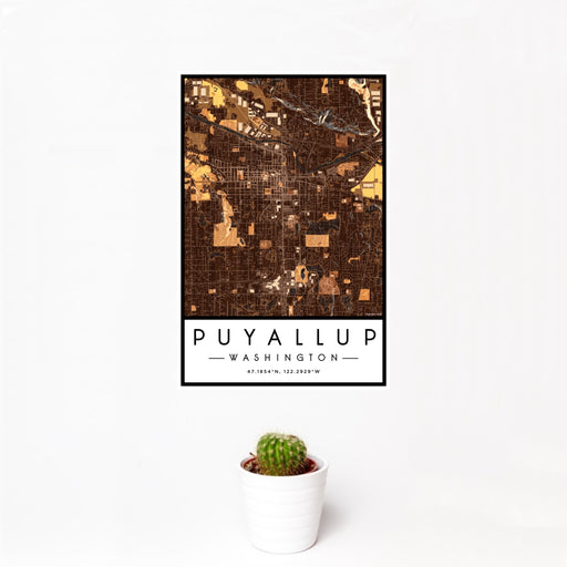 12x18 Puyallup Washington Map Print Portrait Orientation in Ember Style With Small Cactus Plant in White Planter