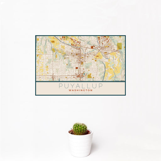 12x18 Puyallup Washington Map Print Landscape Orientation in Woodblock Style With Small Cactus Plant in White Planter
