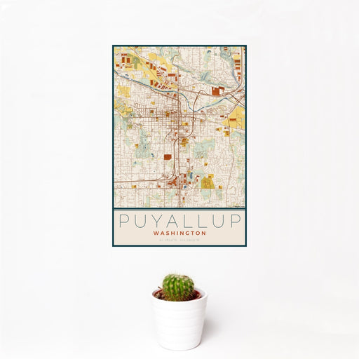 12x18 Puyallup Washington Map Print Portrait Orientation in Woodblock Style With Small Cactus Plant in White Planter