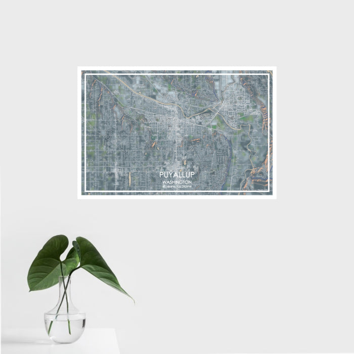 16x24 Puyallup Washington Map Print Landscape Orientation in Afternoon Style With Tropical Plant Leaves in Water