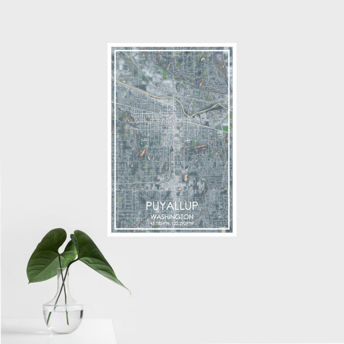 16x24 Puyallup Washington Map Print Portrait Orientation in Afternoon Style With Tropical Plant Leaves in Water
