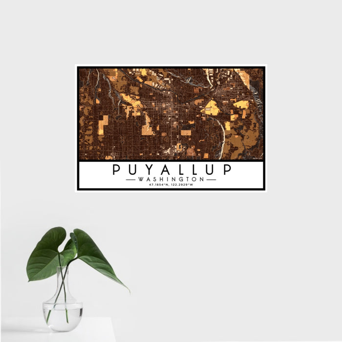 16x24 Puyallup Washington Map Print Landscape Orientation in Ember Style With Tropical Plant Leaves in Water