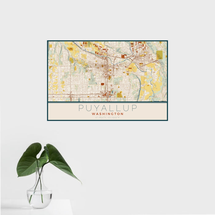 16x24 Puyallup Washington Map Print Landscape Orientation in Woodblock Style With Tropical Plant Leaves in Water