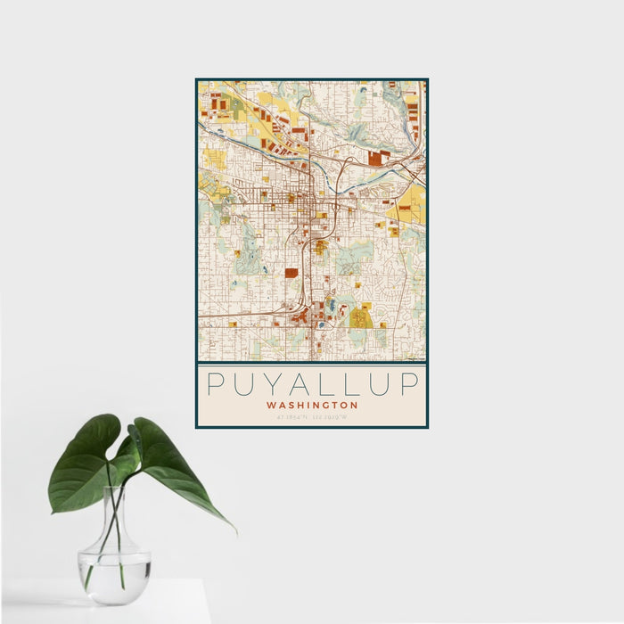 16x24 Puyallup Washington Map Print Portrait Orientation in Woodblock Style With Tropical Plant Leaves in Water