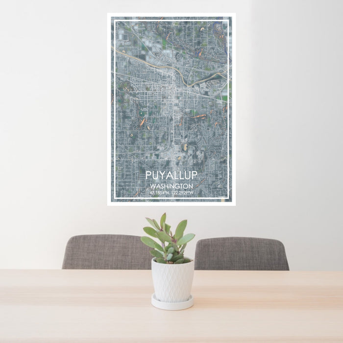 24x36 Puyallup Washington Map Print Portrait Orientation in Afternoon Style Behind 2 Chairs Table and Potted Plant