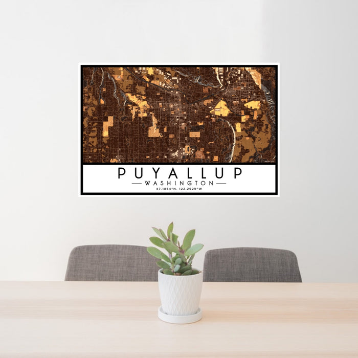 24x36 Puyallup Washington Map Print Lanscape Orientation in Ember Style Behind 2 Chairs Table and Potted Plant