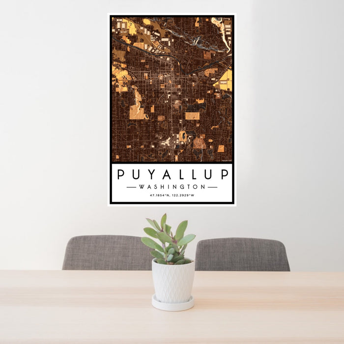 24x36 Puyallup Washington Map Print Portrait Orientation in Ember Style Behind 2 Chairs Table and Potted Plant