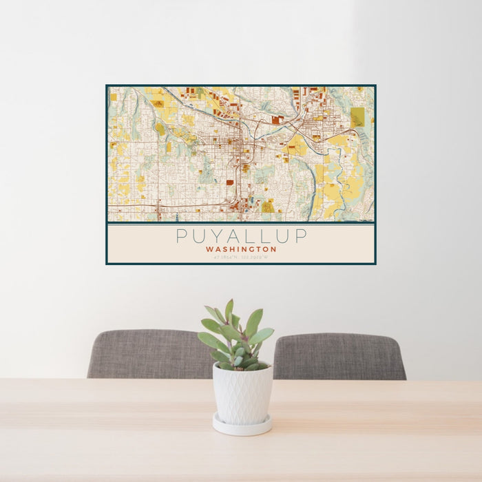 24x36 Puyallup Washington Map Print Lanscape Orientation in Woodblock Style Behind 2 Chairs Table and Potted Plant