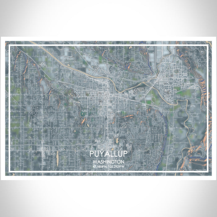 Puyallup Washington Map Print Landscape Orientation in Afternoon Style With Shaded Background
