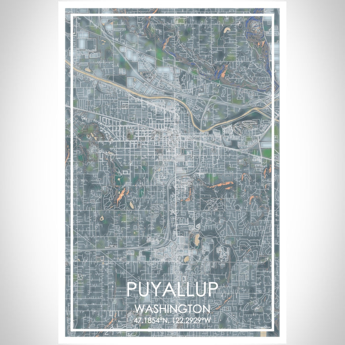 Puyallup Washington Map Print Portrait Orientation in Afternoon Style With Shaded Background