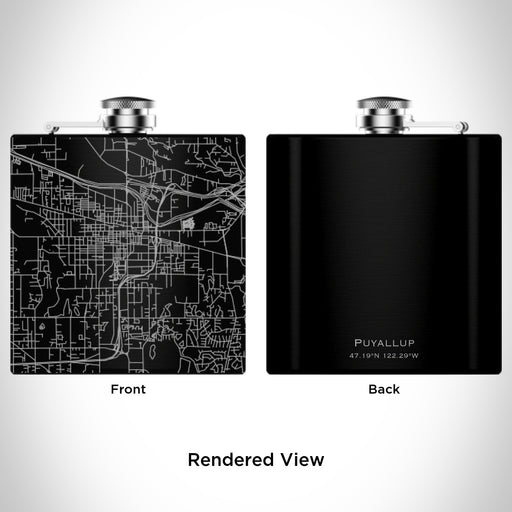 Rendered View of Puyallup Washington Map Engraving on 6oz Stainless Steel Flask in Black