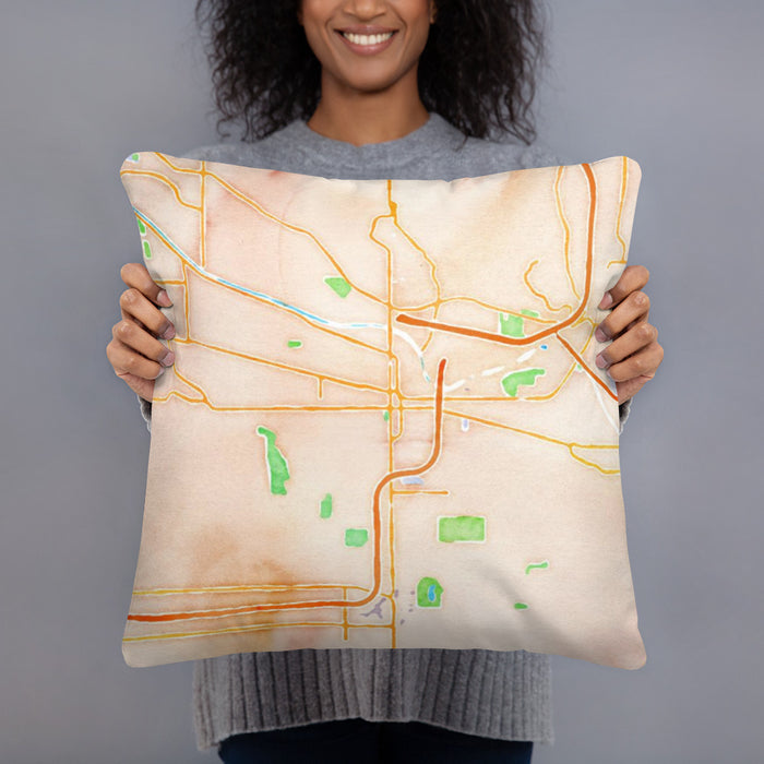 Person holding 18x18 Custom Puyallup Washington Map Throw Pillow in Watercolor