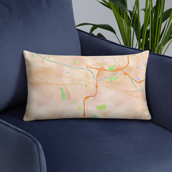Custom Puyallup Washington Map Throw Pillow in Watercolor on Blue Colored Chair