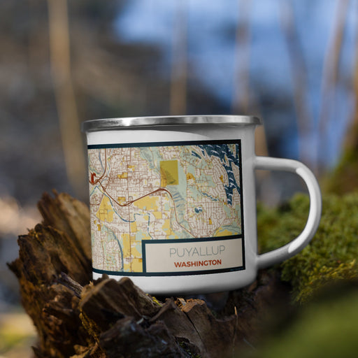 Right View Custom Puyallup Washington Map Enamel Mug in Woodblock on Grass With Trees in Background