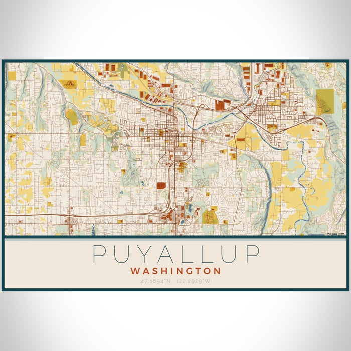 Puyallup Washington Map Print Landscape Orientation in Woodblock Style With Shaded Background
