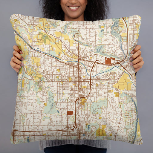 Person holding 22x22 Custom Puyallup Washington Map Throw Pillow in Woodblock