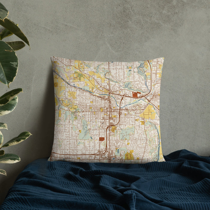 Custom Puyallup Washington Map Throw Pillow in Woodblock on Bedding Against Wall