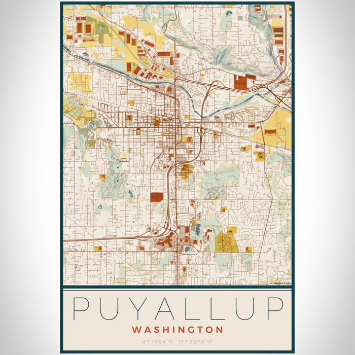 Puyallup Washington Map Print Portrait Orientation in Woodblock Style With Shaded Background