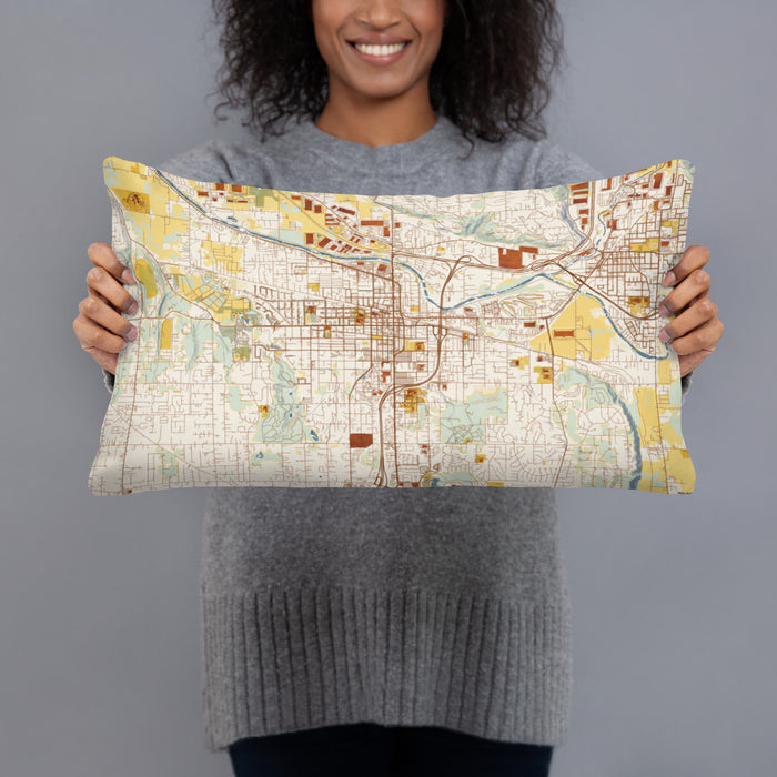 Person holding 20x12 Custom Puyallup Washington Map Throw Pillow in Woodblock
