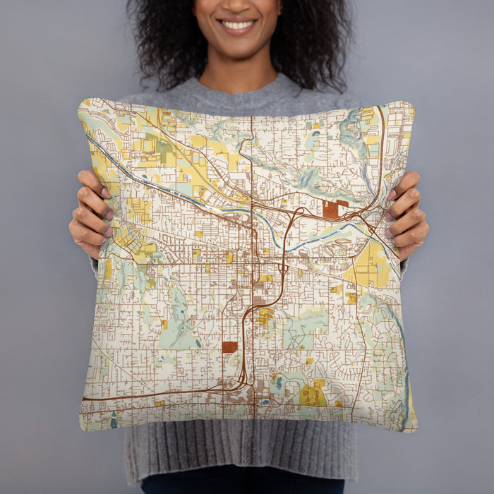 Person holding 18x18 Custom Puyallup Washington Map Throw Pillow in Woodblock