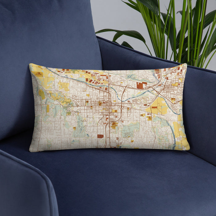 Custom Puyallup Washington Map Throw Pillow in Woodblock on Blue Colored Chair