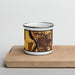 Front View Custom Quincy Illinois Map Enamel Mug in Ember on Cutting Board