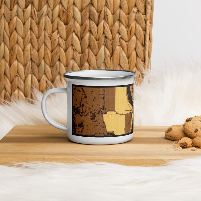 Left View Custom Quincy Illinois Map Enamel Mug in Ember on Table Top