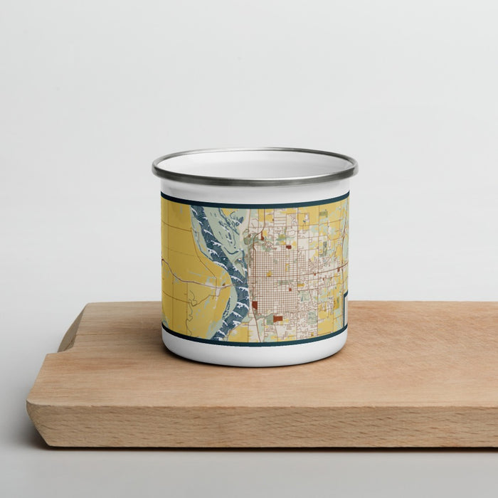 Front View Custom Quincy Illinois Map Enamel Mug in Woodblock on Cutting Board