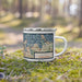 Right View Custom Quincy Massachusetts Map Enamel Mug in Woodblock on Grass With Trees in Background