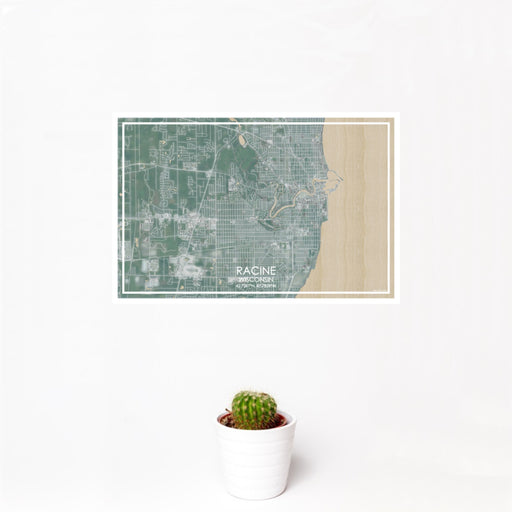 12x18 Racine Wisconsin Map Print Landscape Orientation in Afternoon Style With Small Cactus Plant in White Planter