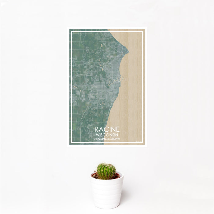 12x18 Racine Wisconsin Map Print Portrait Orientation in Afternoon Style With Small Cactus Plant in White Planter