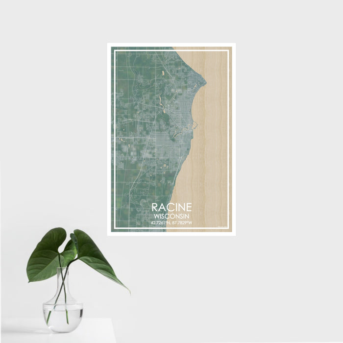 16x24 Racine Wisconsin Map Print Portrait Orientation in Afternoon Style With Tropical Plant Leaves in Water