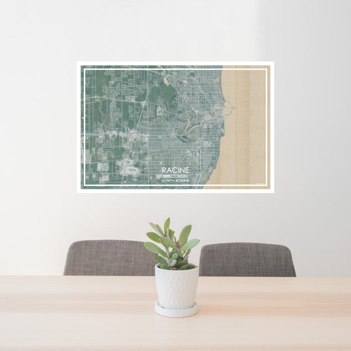 24x36 Racine Wisconsin Map Print Lanscape Orientation in Afternoon Style Behind 2 Chairs Table and Potted Plant
