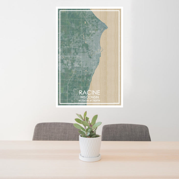 24x36 Racine Wisconsin Map Print Portrait Orientation in Afternoon Style Behind 2 Chairs Table and Potted Plant