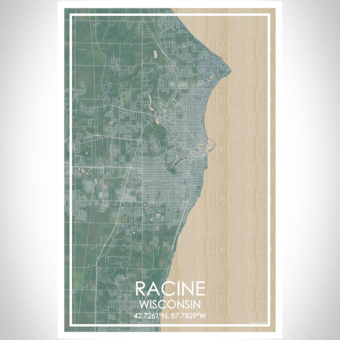 Racine Wisconsin Map Print Portrait Orientation in Afternoon Style With Shaded Background