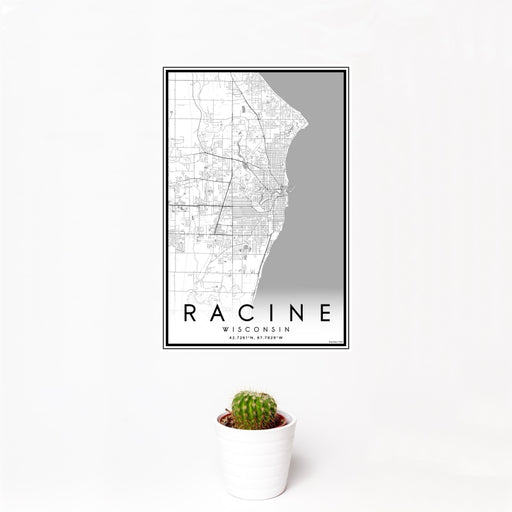 12x18 Racine Wisconsin Map Print Portrait Orientation in Classic Style With Small Cactus Plant in White Planter