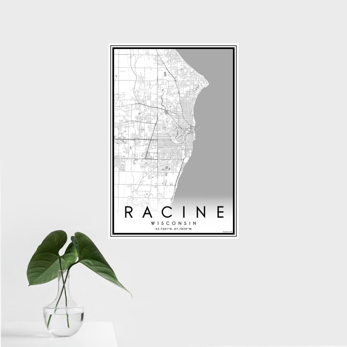 16x24 Racine Wisconsin Map Print Portrait Orientation in Classic Style With Tropical Plant Leaves in Water