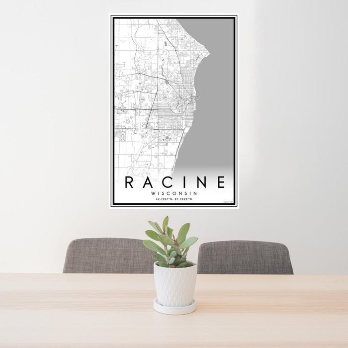 24x36 Racine Wisconsin Map Print Portrait Orientation in Classic Style Behind 2 Chairs Table and Potted Plant