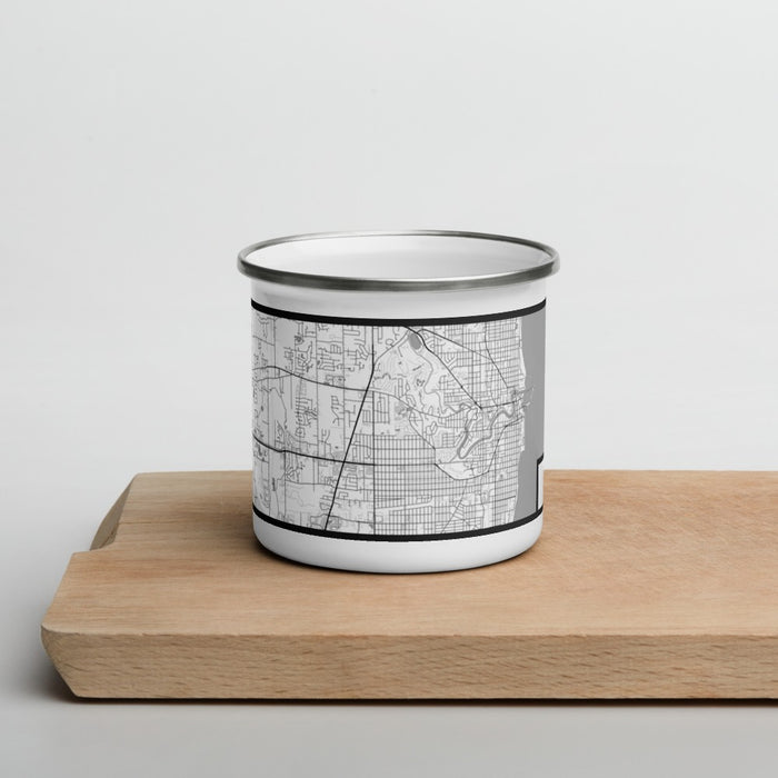 Front View Custom Racine Wisconsin Map Enamel Mug in Classic on Cutting Board