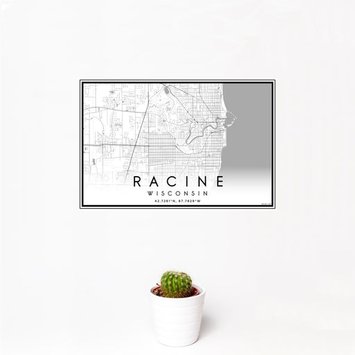 12x18 Racine Wisconsin Map Print Landscape Orientation in Classic Style With Small Cactus Plant in White Planter