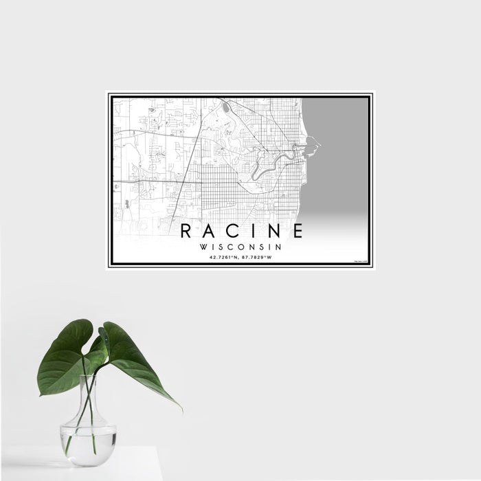 16x24 Racine Wisconsin Map Print Landscape Orientation in Classic Style With Tropical Plant Leaves in Water
