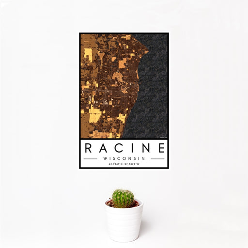 12x18 Racine Wisconsin Map Print Portrait Orientation in Ember Style With Small Cactus Plant in White Planter